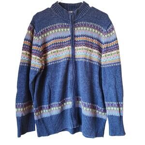 Heirloom Collectibles Sweater Womens Size 14/16 Blue Fair Isle Full Zip Cardigan